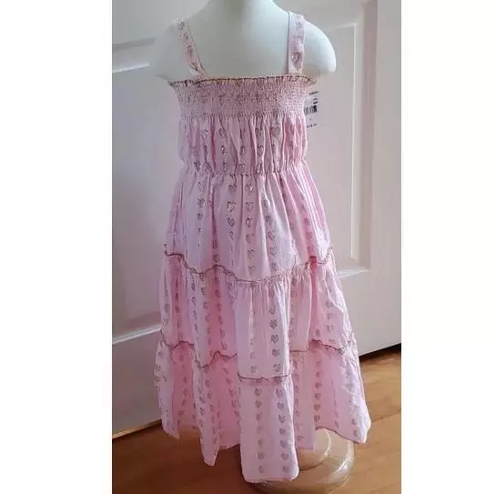 Girls Lilt Pink Smocked Tiered Summer Dress Size 6 6X Metallic Hearts NWT