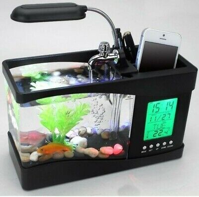 Small Fish Tank Home Aquarium USB LCD Desktop Lamp Light LED Clock White