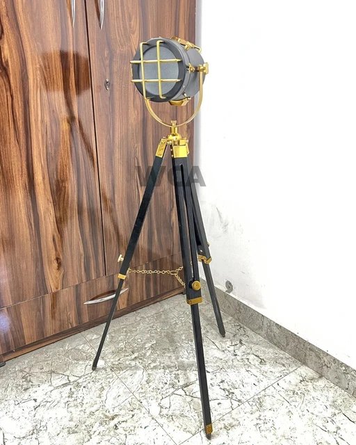 Spot Light Floor Lamp Nautical Adjustable Wooden Tripod Marine Studio Searchligh