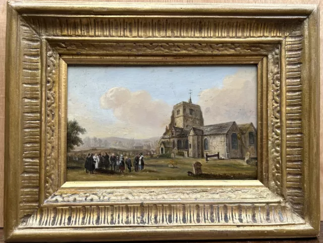 Fine 19th Century  Antique oil painting A Gathering of Folk in the Church Yard