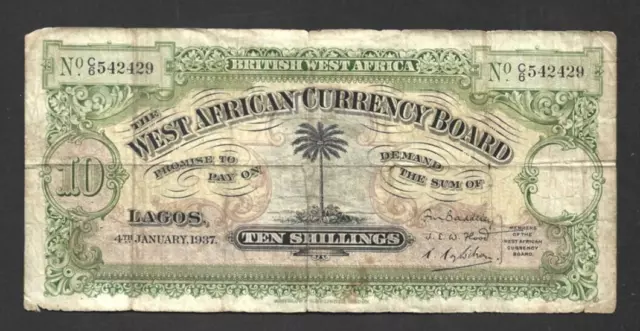 10 Shillings Vg Banknote From  British West Africa 1937  Pick-7  Rare