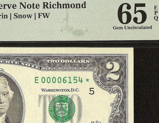 2003 $2 Two Dollar Bill Low Number 6154 Star Note Only 16K Issued Pmg 65 Epq