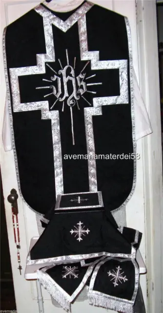 Black Chasuble Set Vestment Fiddleback Latin Mass NEW + Maniple,Stole,Veil,Burse