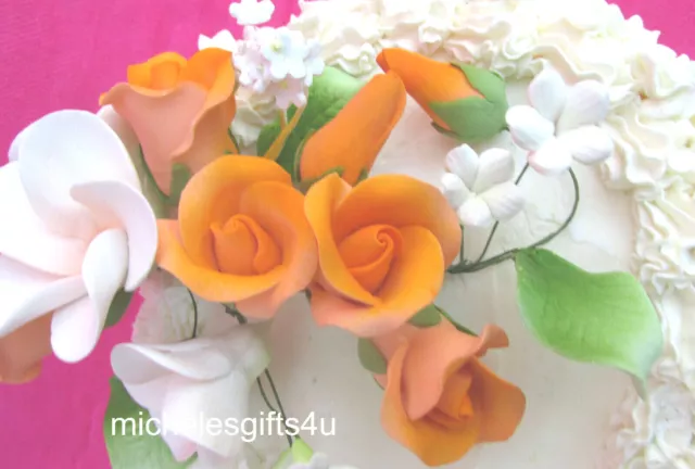 Pasta de goma melocotón naranja rosas blancas frangipani pastel de azúcar hawaiano flores