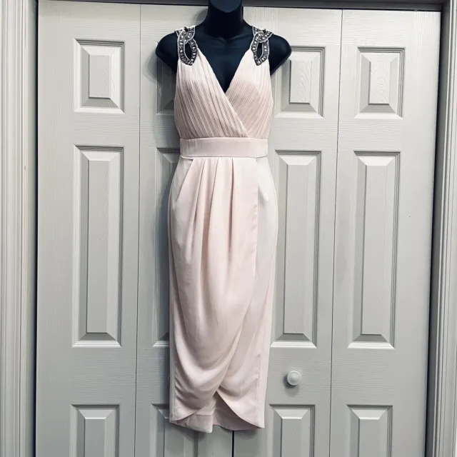 NWT TFNC London Embellished Wrap Midi Dress Blush Nude Prom Bridesmaid US6 UK10