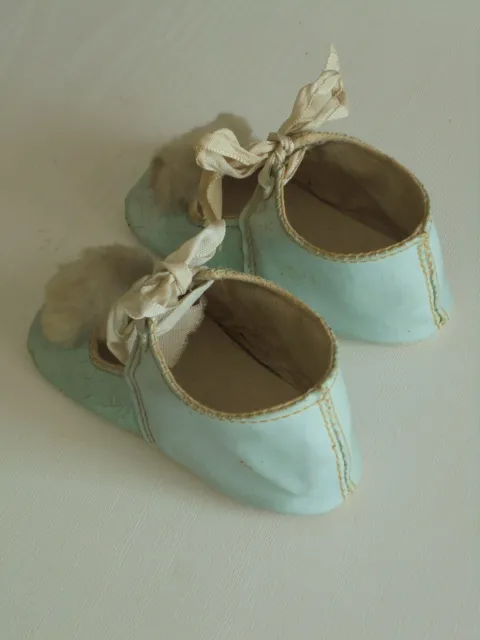 Belle Paire de chaussures de Poupée Ancienne - En Cuir Bleu - Doublées 2