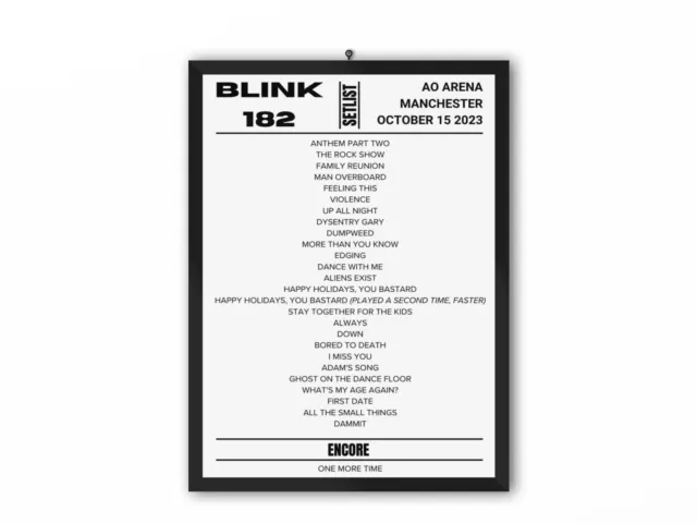 Blink 182 Manchester Night 1 October 2023 Setlist Replica