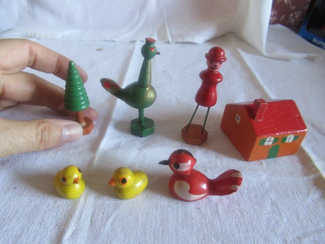 Lot De 7 Jouets En Bois Anciens D'occasion - État D'usage, Jouets Vintage En Bois