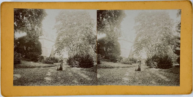 Vintage Stereo, Portrait, of a Woman in a Castle Park Stereo Card Tirag