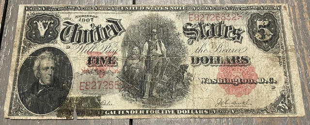 1907 $5 US "LARGE SIZE" "WOODCHOPPER" Old US Paper Money Currency! Rough! (N128)