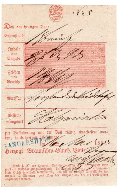 Altdeutschland Post-Schein Braunschweig Lüneburg mit L1 Stempel GANDERSHEIM 1853