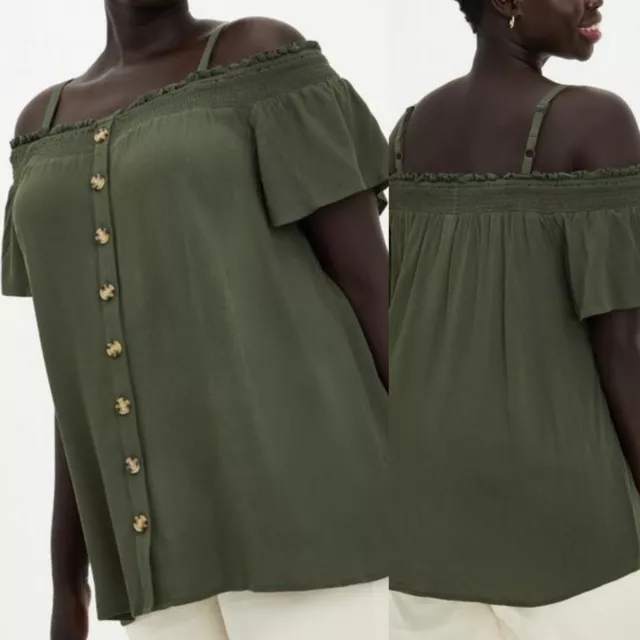 Torrid size 2X SMOCKED COLD-SHOULDER BLOUSE - GAUZE OLIVE, green New/Wtag