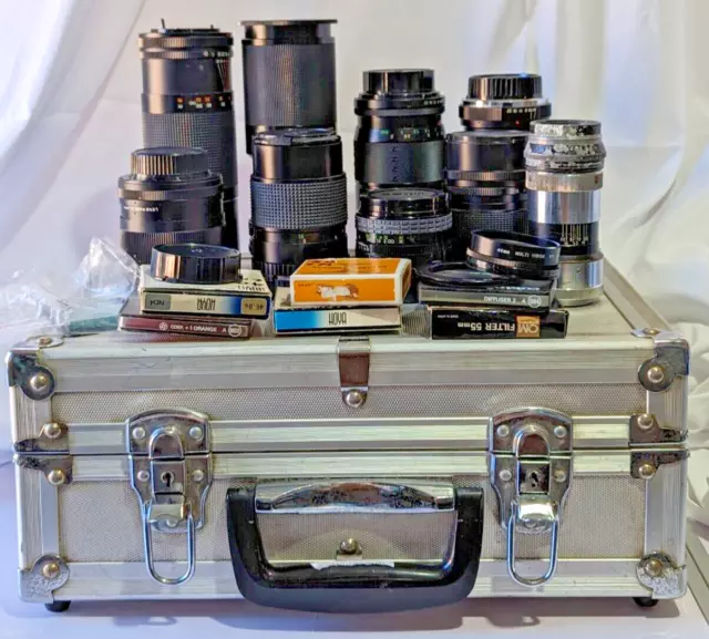 Job Lot of camera lenses. mixed lot Minolta? With Metal Case And Filters