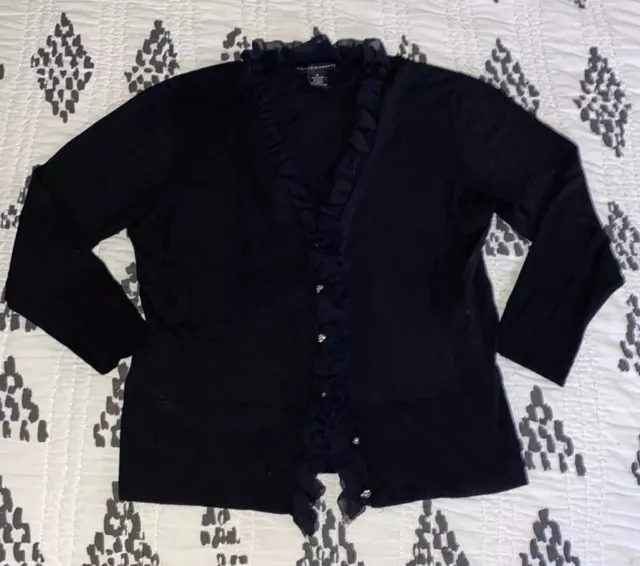 GRACE ELEMENTS: Women’s Size M, Black, Ruffle Neck, 3/4 Sleeve, Cardigan Sweater