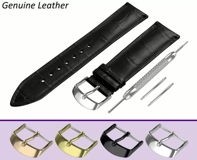 For SEIKO Black Genuine Leather Watch Strap Band Buckle Clasp 12-24mm +Pins