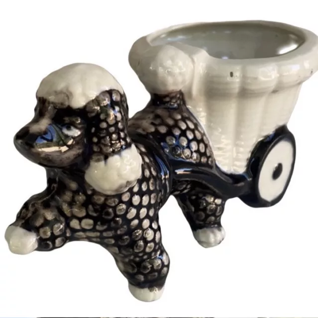 Shafford Vtg 1950 Black & White Walking Dog  Pulling Cart POODLE Porcelain READ