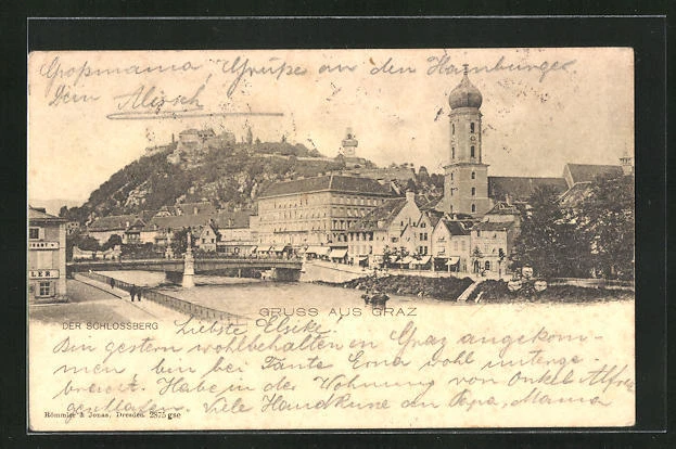 Graz, Panorama mit Schlossberg, Ansichtskarte 1904