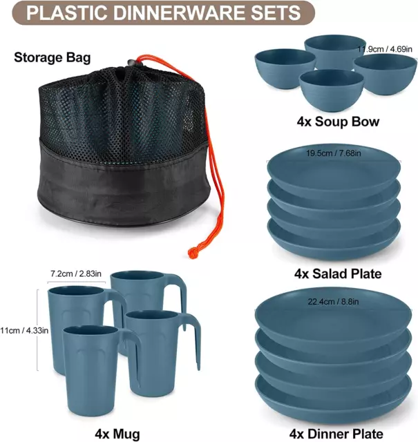 Stoviglie Da Campeggio, Set Di Piatti Tazze in Plastica 16 Pezzi per 4 Persone, 2