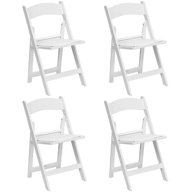 4 White Resin Folding Chair Commercial Stackable Wedding Chair w/Padded Seat