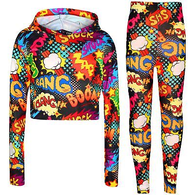 Kids Girls Wow Bang Boom Hooded Crop Top T Shirt Legging Lounge Wear Set 7-13 Yr
