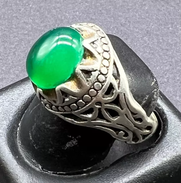 Very Antique Old Natural Burmese Jade Stone Solid Sliver Unique Hand Made Ring