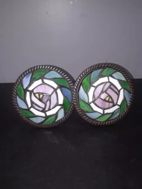 Pair of Tiffany Style Round Stained Glass Rose Curtain Tie Backs Hold Backs