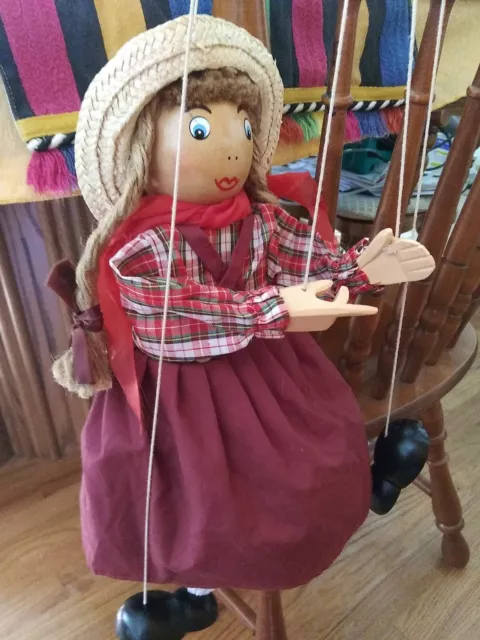Vtg Marionette Girl Doll  Toy String Puppet Wooden Body/Straw Hat Folk Art 16"