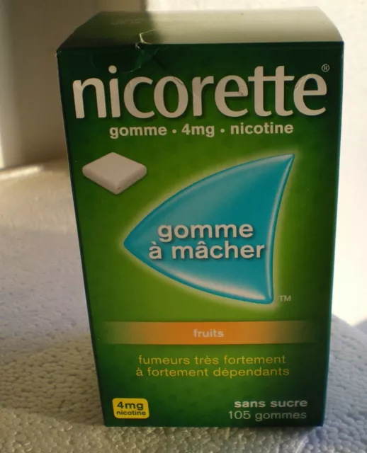 NICORETTE fruits 4 mg gomme a macher 105 gomme SANS SUCRE + BOX + NEW Exp 2026.