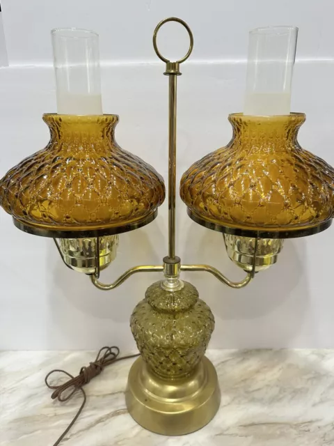 Vintage MCM Brass Electrified Double Student Lamp With Quilted Amber Shades Boho