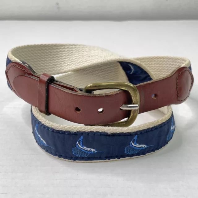 Leather Man Ltd Belt Canvas Brown Leather Hand Made Essex Marlin Fish Size 30