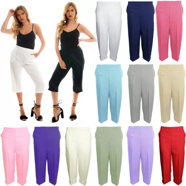 LADIES WOMENS TROUSERS Three Quarter Elasticated High Waisted 3/4