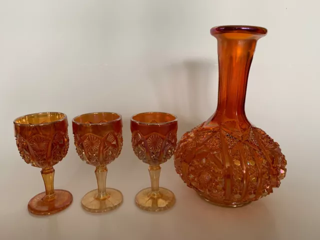 VTG Imperial Carnival Glass Daisy & Button Marigold Decanter w 3 Small Goblets