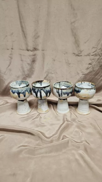 Ceramic Blue Drip Glaze  Pottery Stoneware Chalice Wine Goblet Set Of 4 Handmade