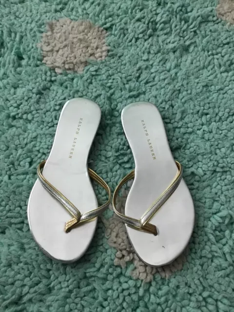 Polo Ralph Lauren Kid Girl Sandal Thong Shoe 9/10 Silver Gold Leather Shine