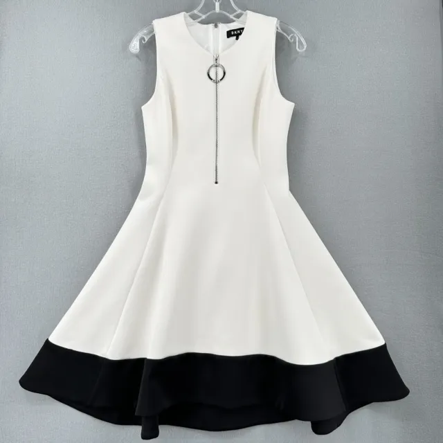 DKNY Black White Scuba Zippered Fit Flare Dress Womens 4 White Black Color Block