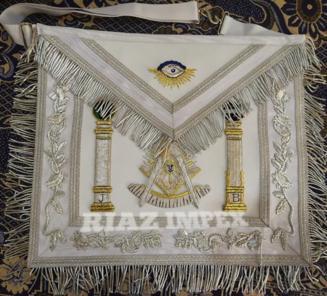 Masonic Regalia Past Master Apron White Embroidered Silver Fringes Gift For Him