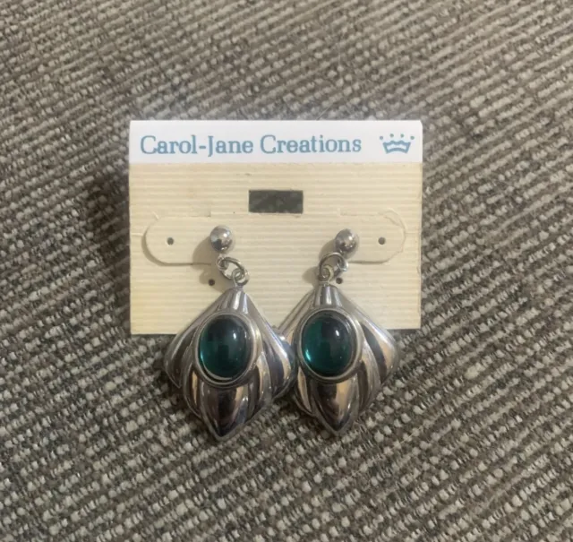 New Vintage Carol-Jane Creations Women's Silver And Emerald Tone Earrings