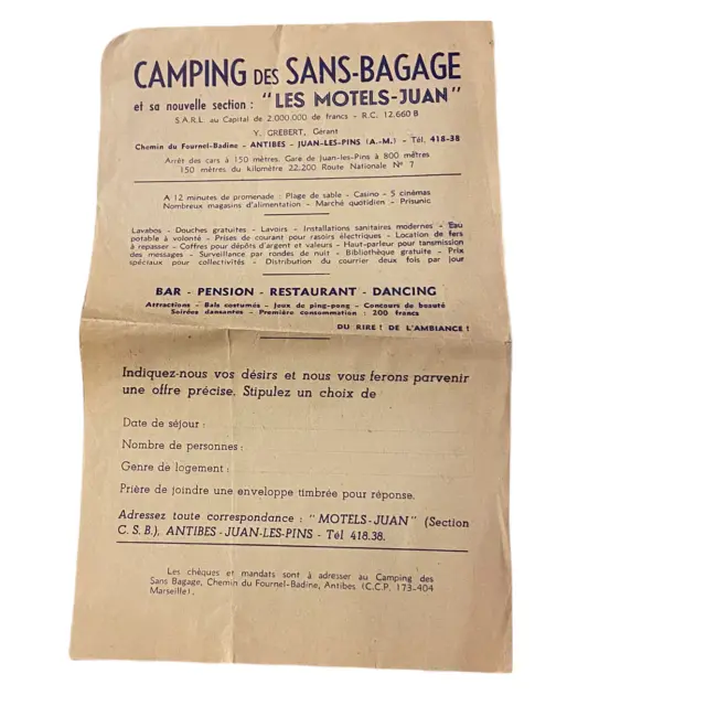 Camping at Les Motels Juan Antibes France Price Advertisement Promo 1959 VTG