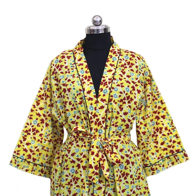 Handmade Block Printed Cotton Kimono Robe, Beachwear Floral Print Dressing Gown