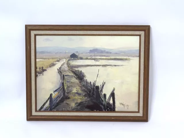 Pintura Al Óleo Apagado Apaisado Costa Neutral Enmarcado Firmado Ana Tams