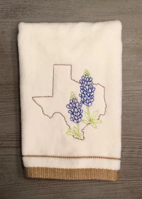 Embroidered Texas Bluebonnets  on Ivory Velour  Cotton Fingertip Bathroom Towel