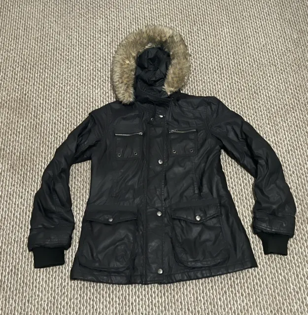 Buffalo David Bitton Women's Winter Coat Black Hood Fur Trim Size Medium M