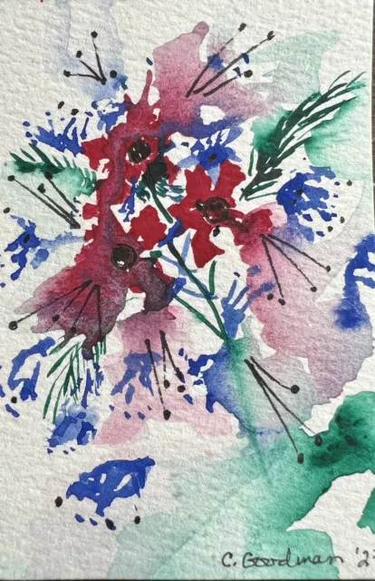 Original Watercolor Painting ACEO. Art Card. Abstract Flowers. Blue, red flowers