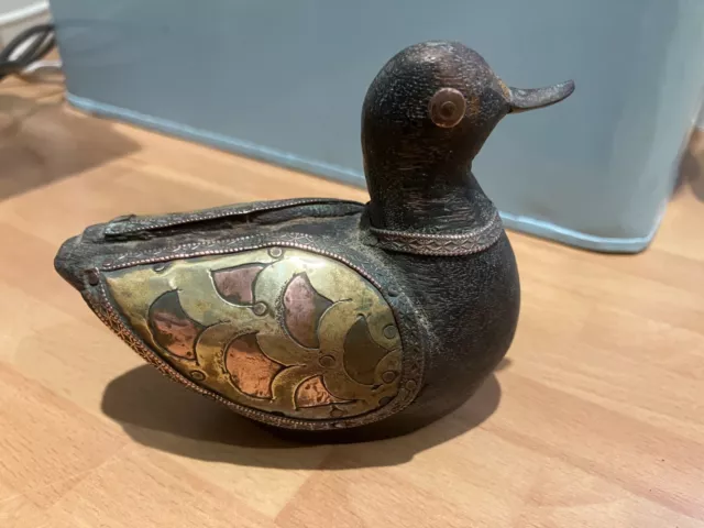 Old wooden carved Duck, Duck Figurine with copper and brass wings. PLEASE READ.
