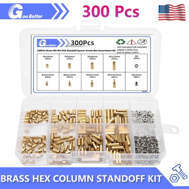 300Pcs M2 Male Female Brass Standoff Spacer PCB Board Hex Screws Nut Kit