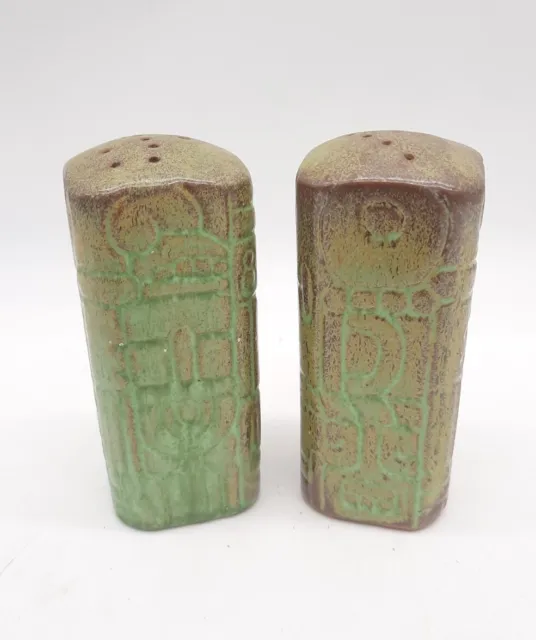 Frankoma Pottery Mayan Aztec Tall Salt & Pepper Shakers Prairie Green X- Cond