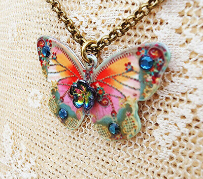Michal Negrin Butterfly Pendant Necklace Lasercut Multicolor Crystals Handmade