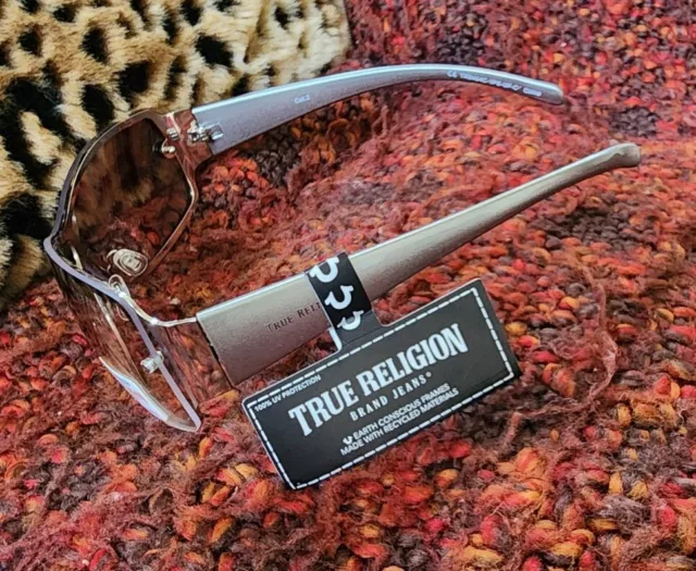 Women's True Religion Logo Reflective UV Protect Gunmetal Sunglasses $99 NWT!