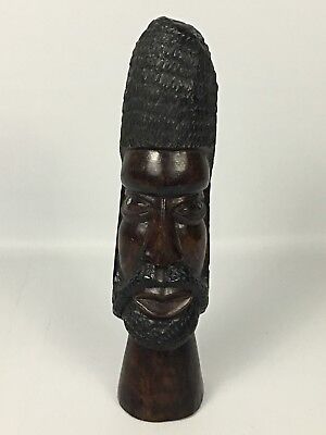 Hand Carved 13” Bearded TRIBAL Warrior Wooden Statue Bust Head - African Art