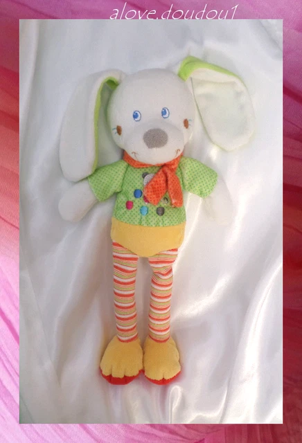 Doudou Peluche Lapin Jaune Vert Jambes Rayures Echarpe Orange Mots d'Enfants